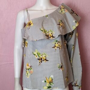 Urban Outfitters Striped Floral One Shoulder Long Sleeve Ruffle Blouse